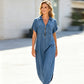 🔥 Jusqu'à -50% sur toute la collection ! Robe longue en jean zippée à col en V pour femme