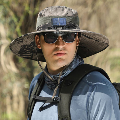 Chapeau de soleil à large bord avec ventilateur rechargeable à énergie solaire et visière amovible