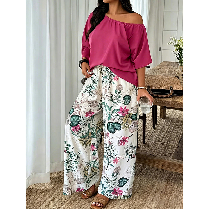 ⚠️ Plus que quelques stocks ! Ensemble deux pièces pour femme : haut à épaules dénudées et pantalon imprimé