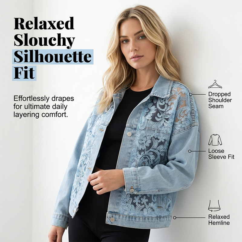 Veste en jean ample pour femme avec de délicats empiècements floraux 🔥