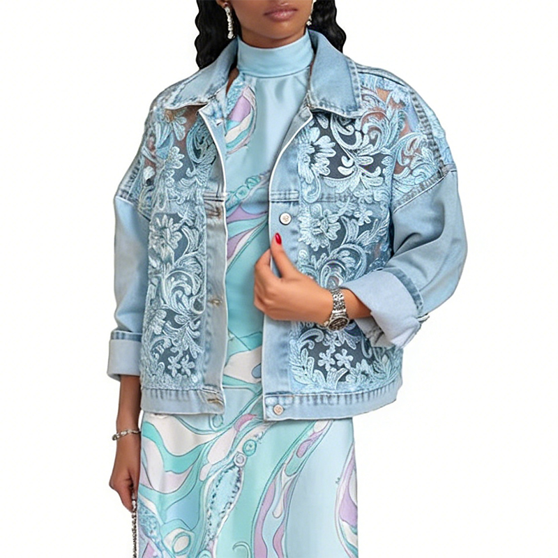 Veste en jean ample pour femme avec de délicats empiècements floraux 🔥