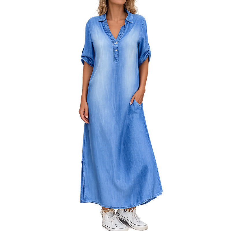 Robe longue ample en denim délavé pour femme