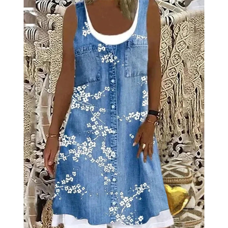 ⭐ Plus de 5.000 avis positifs ! Robe deux-pièces pour femme en simili-denim imprimé