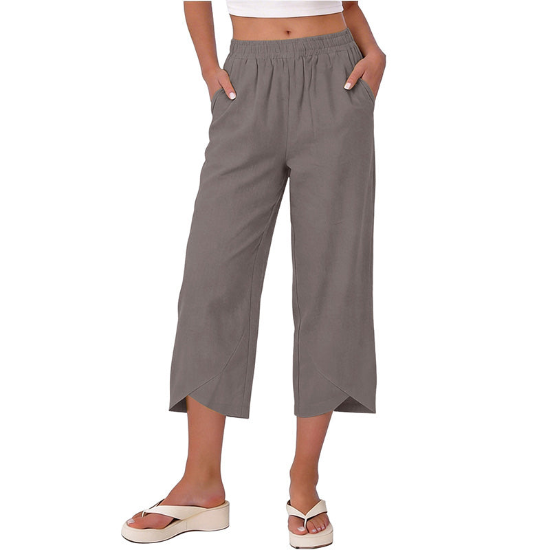 Pantalon court décontracté pour femme, coupe ample et jambes larges