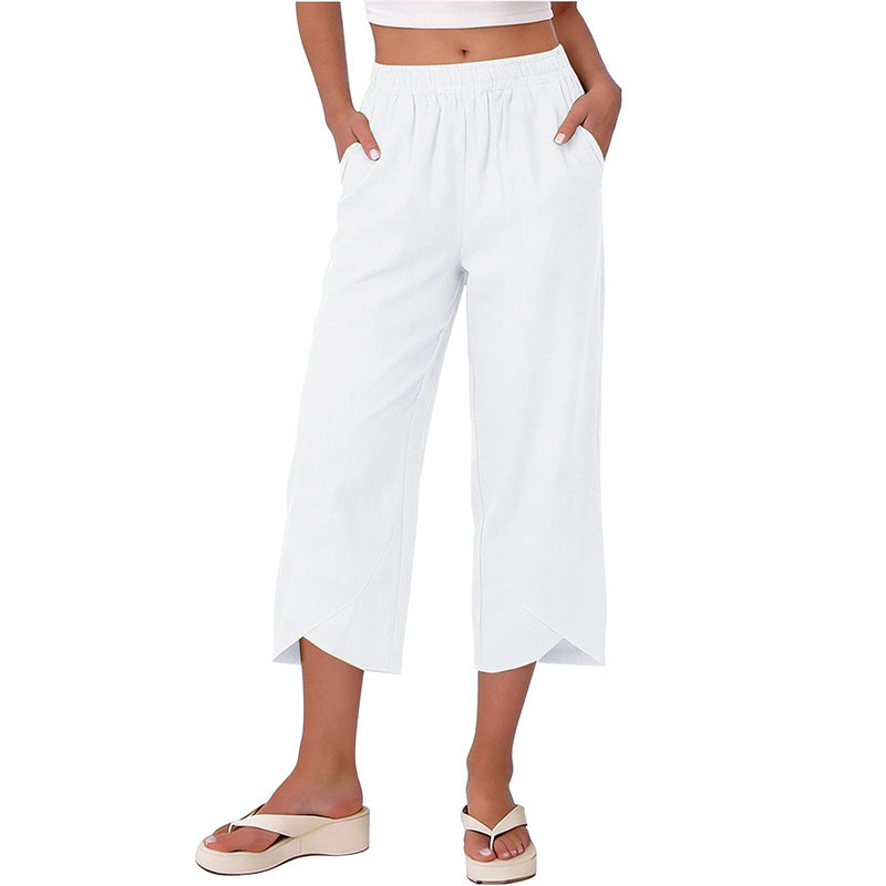 Pantalon court décontracté pour femme, coupe ample et jambes larges