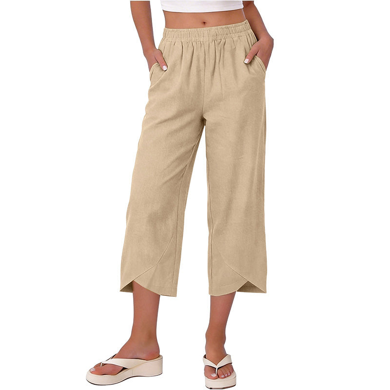 Pantalon court décontracté pour femme, coupe ample et jambes larges