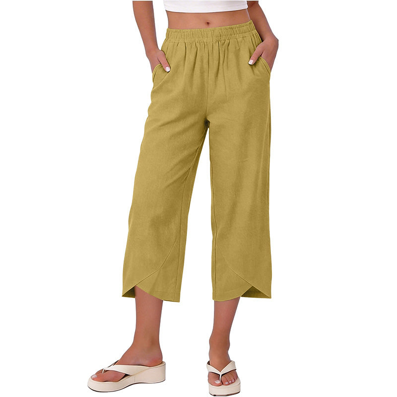 Pantalon court décontracté pour femme, coupe ample et jambes larges