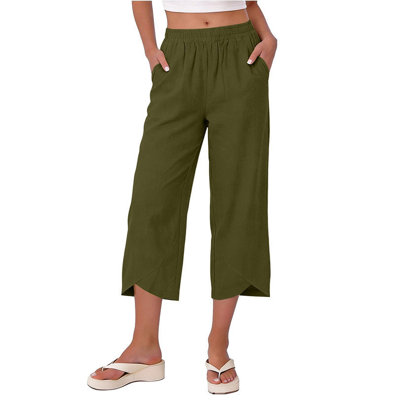 Pantalon court décontracté pour femme, coupe ample et jambes larges