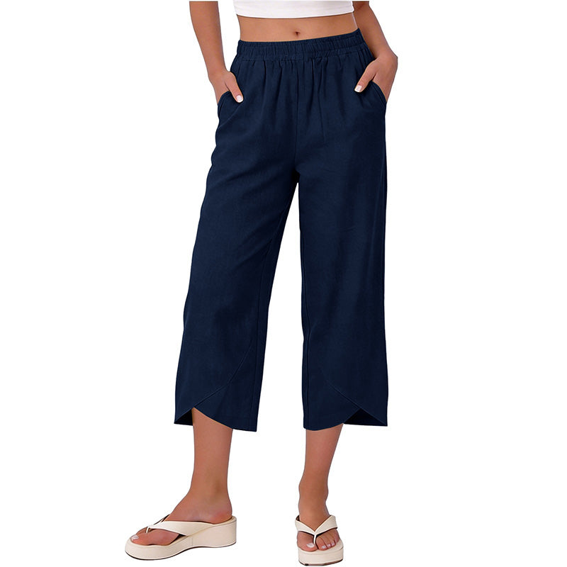 Pantalon court décontracté pour femme, coupe ample et jambes larges