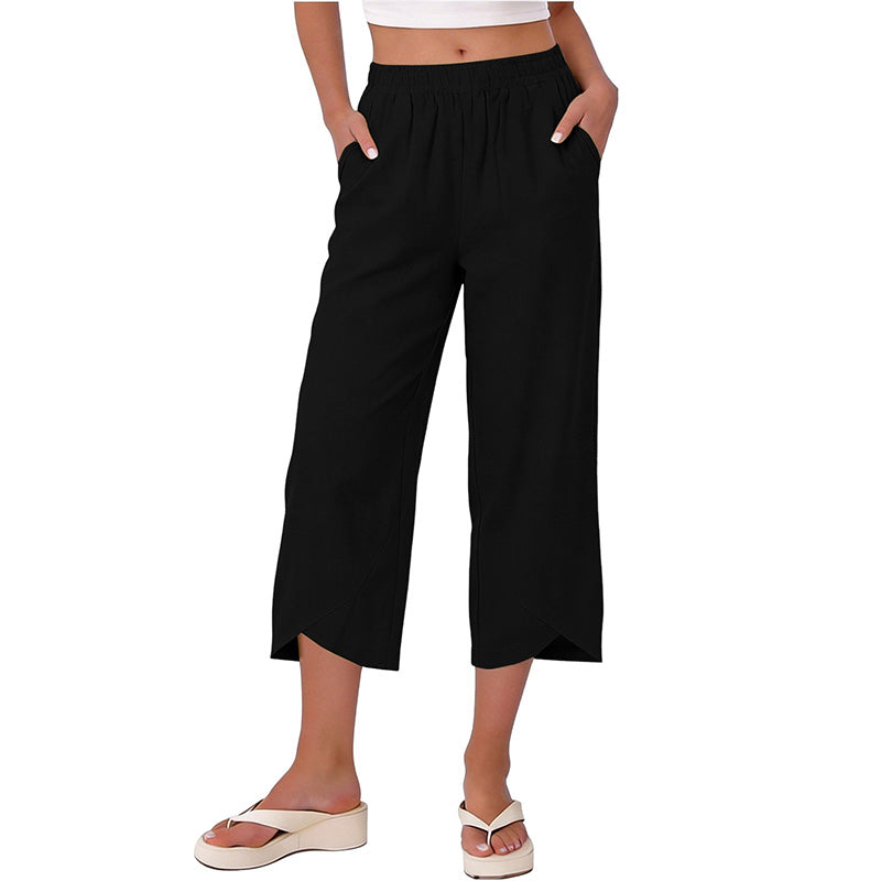 Pantalon court décontracté pour femme, coupe ample et jambes larges