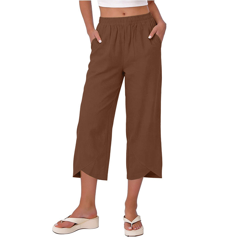 Pantalon court décontracté pour femme, coupe ample et jambes larges