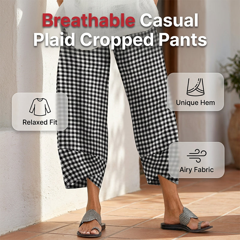 Pantalon décontracté à carreaux et patchwork pour femme, longueur cheville