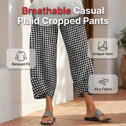 Pantalon décontracté à carreaux et patchwork pour femme, longueur cheville