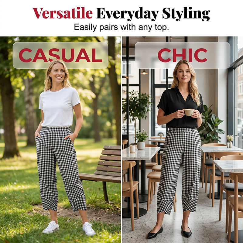 Pantalon décontracté à carreaux et patchwork pour femme, longueur cheville