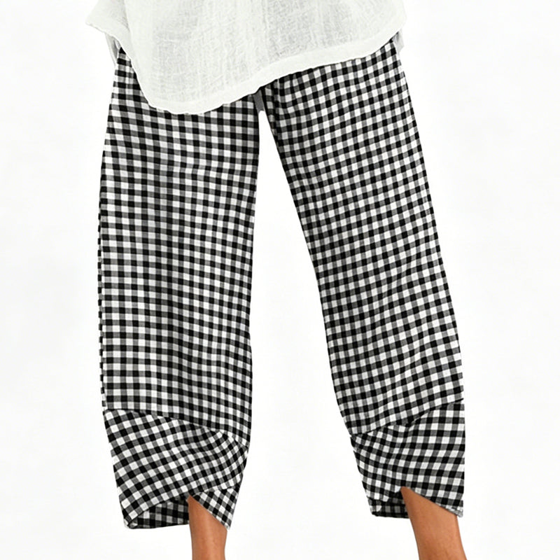 Pantalon décontracté à carreaux et patchwork pour femme, longueur cheville