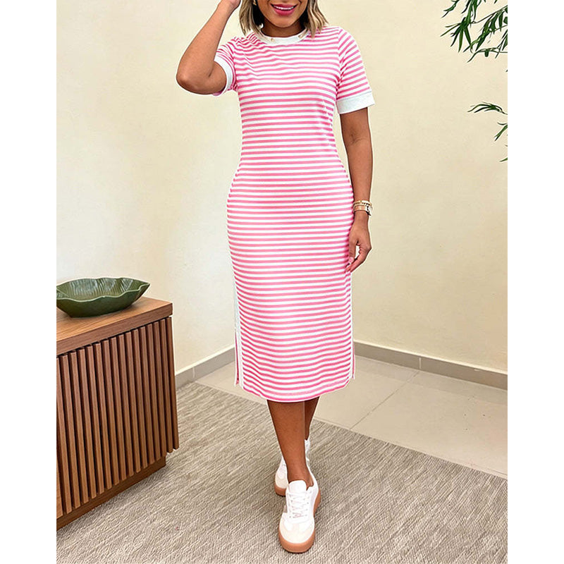 Robe midi à manches courtes rayée pour femme