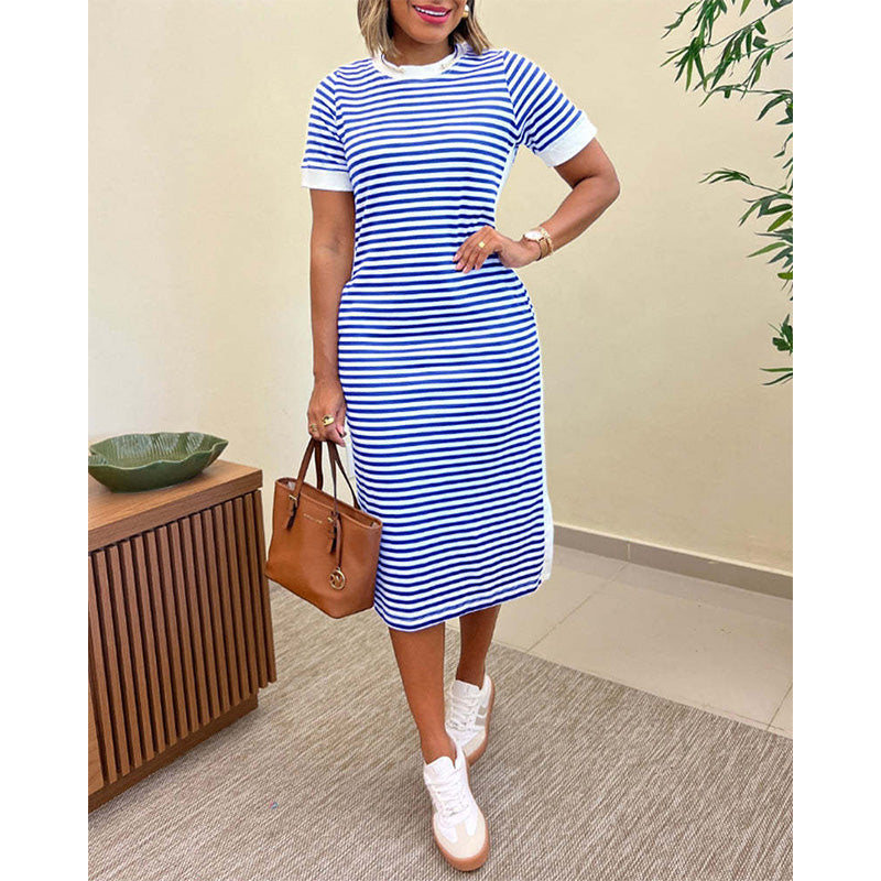 Robe midi à manches courtes rayée pour femme