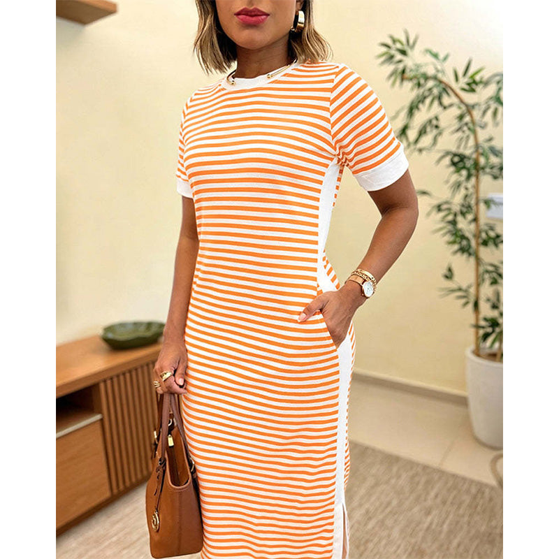 Robe midi à manches courtes rayée pour femme