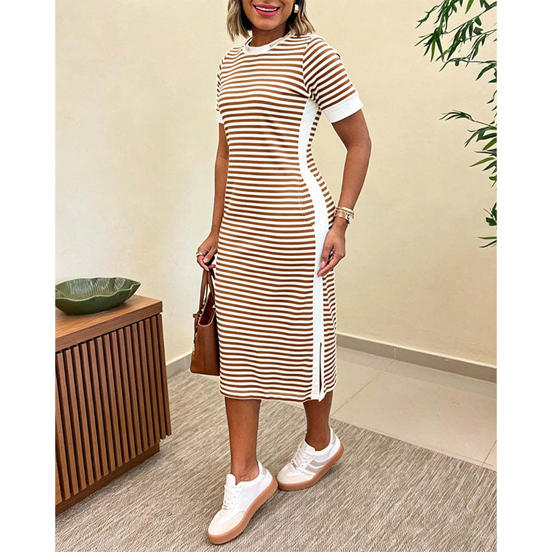 Robe midi à manches courtes rayée pour femme