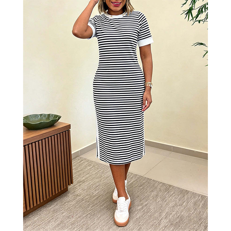 Robe midi à manches courtes rayée pour femme
