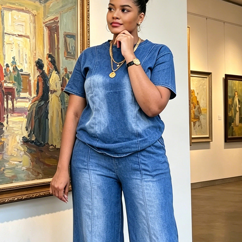 Ensemble 2 pièces pour femme : haut et pantalon en denim décontracté