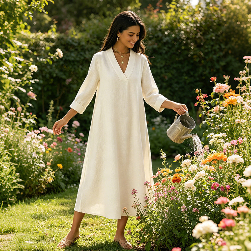 🔥Robe A-line en coton et lin à col en V pour femme