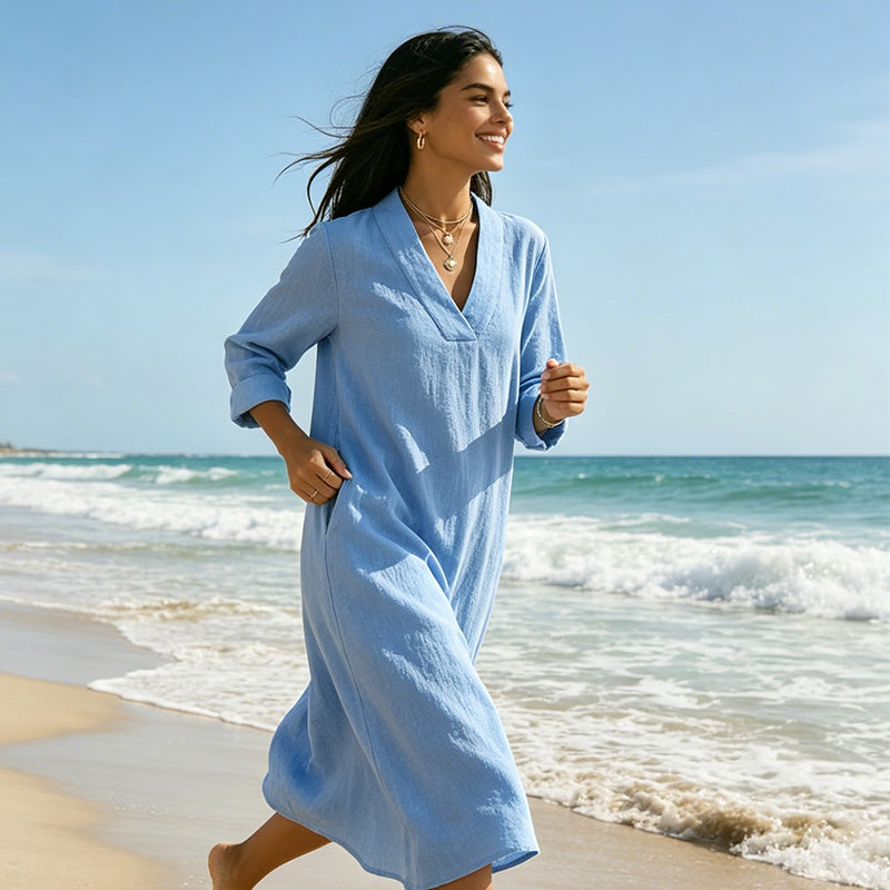 🔥Robe A-line en coton et lin à col en V pour femme
