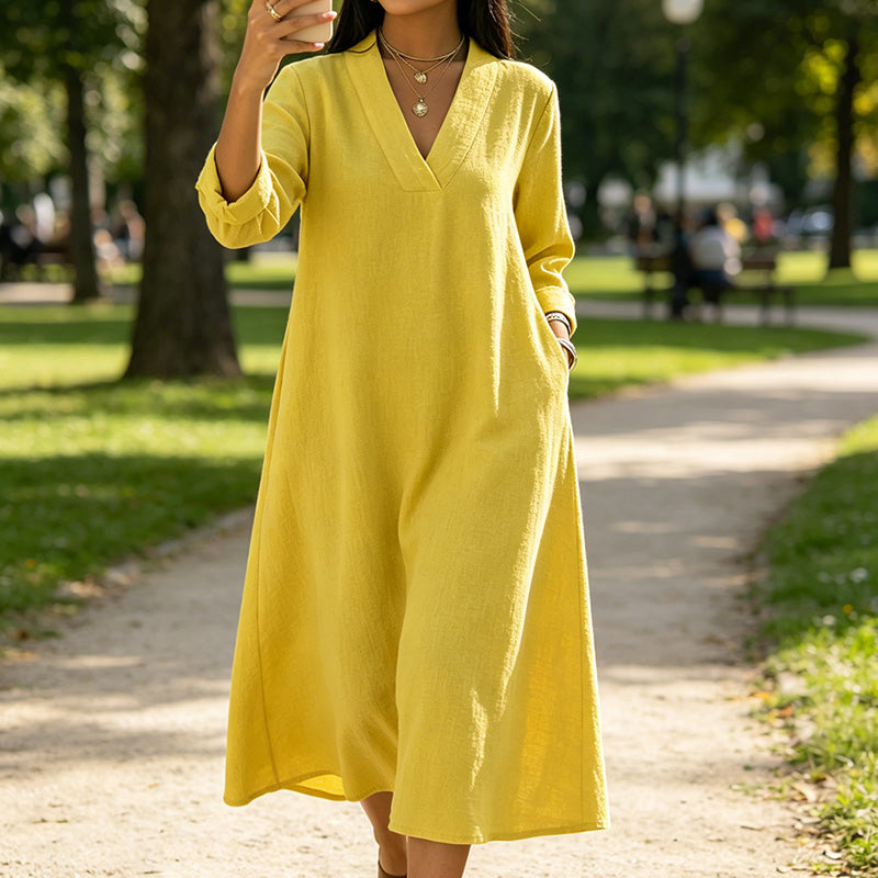 🔥Robe A-line en coton et lin à col en V pour femme