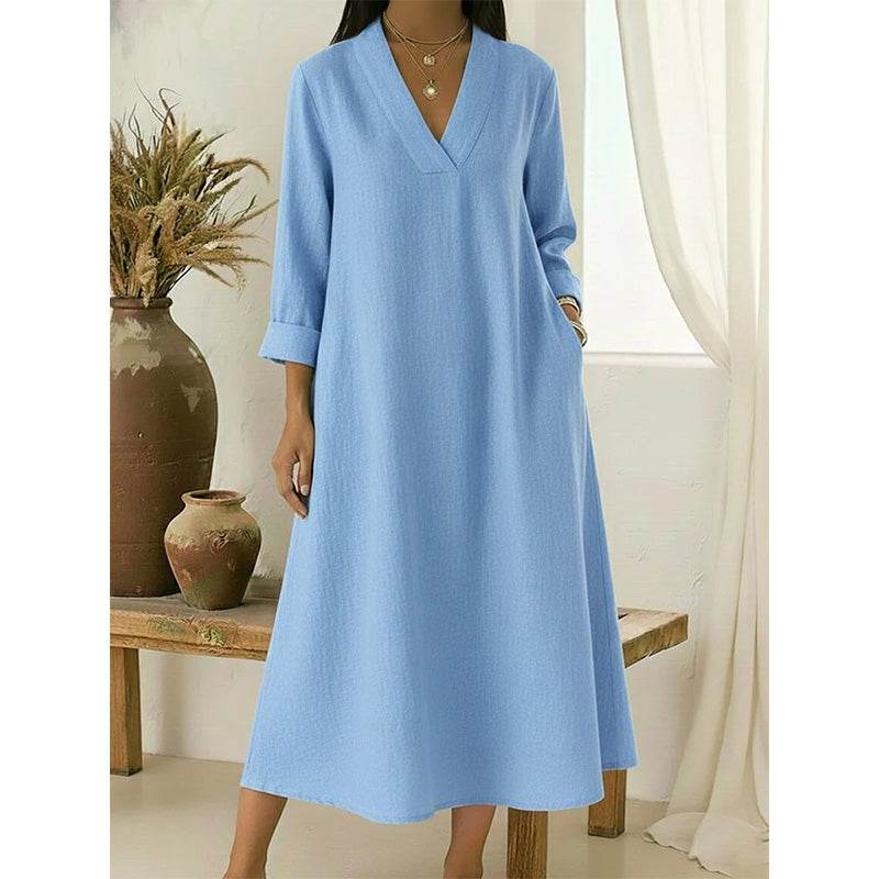 🔥Robe A-line en coton et lin à col en V pour femme