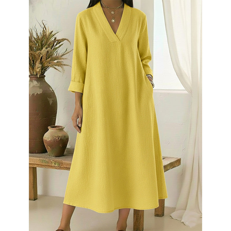 🔥Robe A-line en coton et lin à col en V pour femme