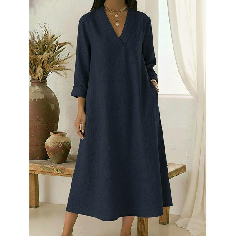 🔥Robe A-line en coton et lin à col en V pour femme