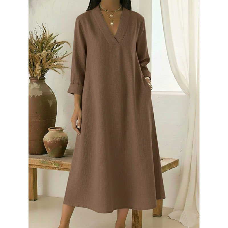 🔥Robe A-line en coton et lin à col en V pour femme