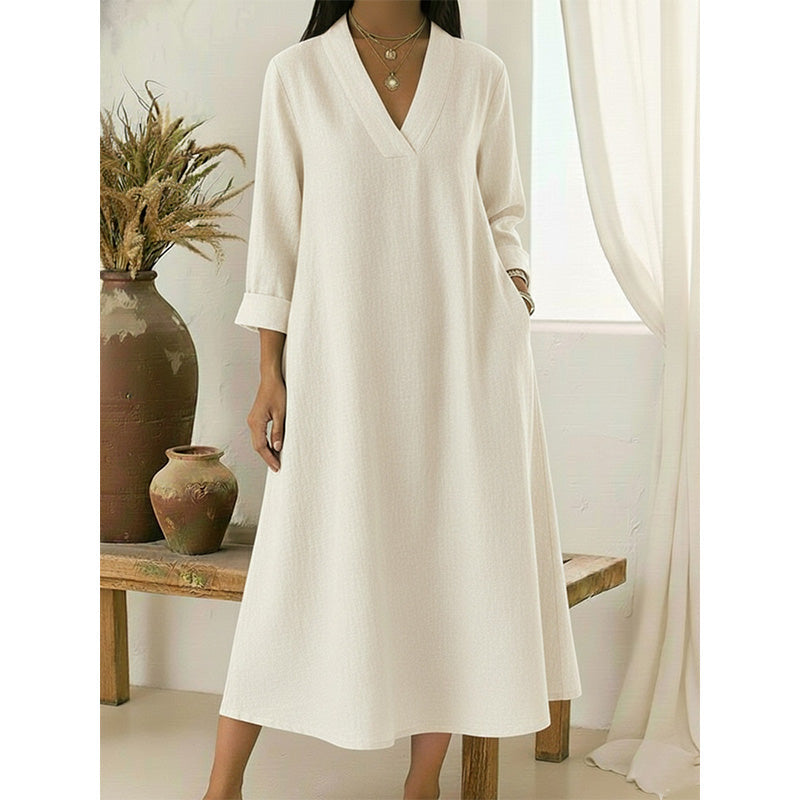 🔥Robe A-line en coton et lin à col en V pour femme