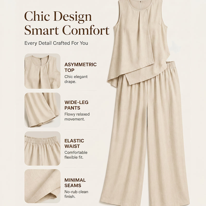 Ensemble femme composé d'un haut asymétrique et d'un pantalon à jambes larges