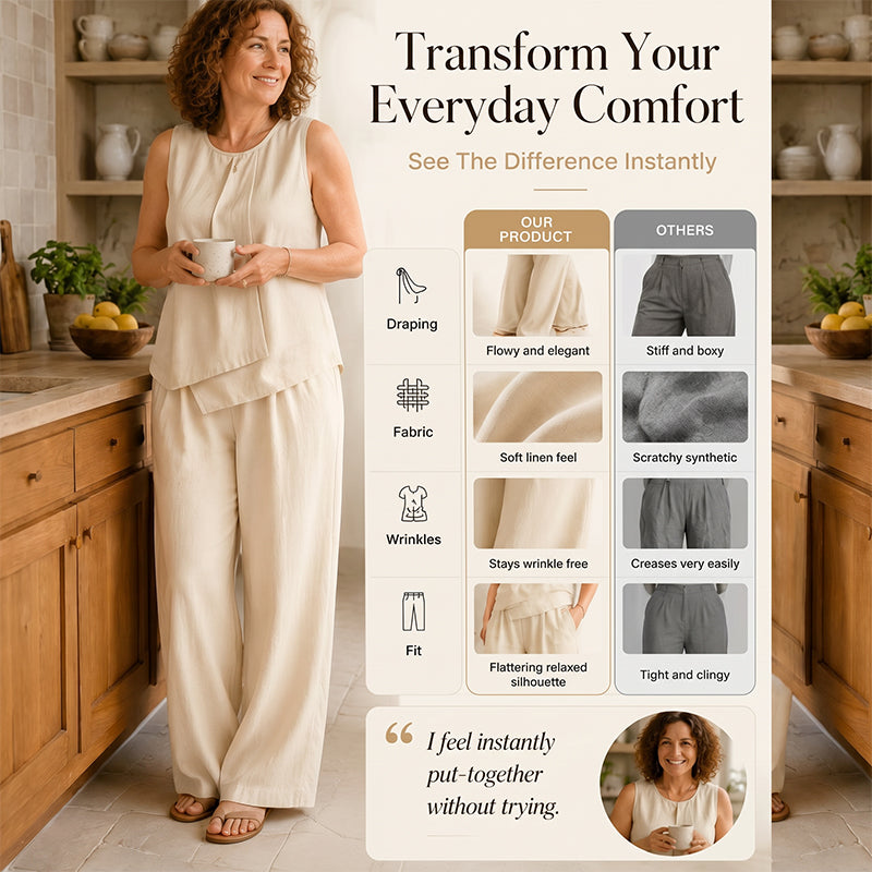Ensemble femme composé d'un haut asymétrique et d'un pantalon à jambes larges