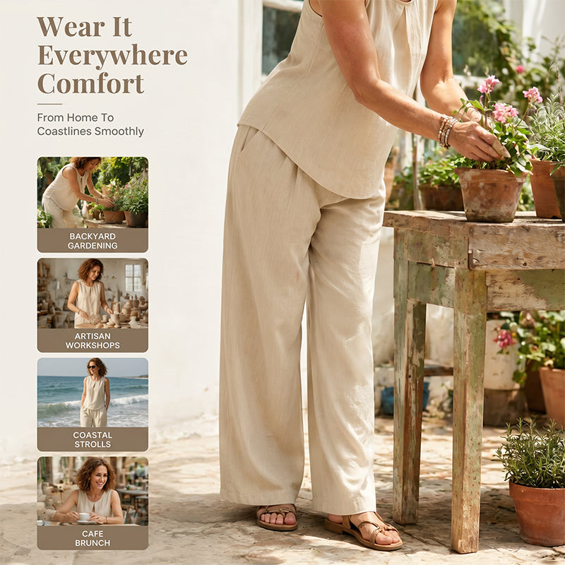 Ensemble femme composé d'un haut asymétrique et d'un pantalon à jambes larges