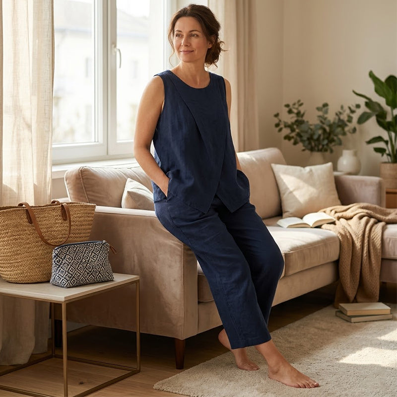 Ensemble femme composé d'un haut asymétrique et d'un pantalon à jambes larges