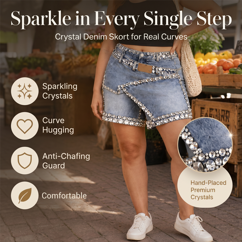 Short-jupe en denim multicouche pour femme, orné de strass Rhinsten