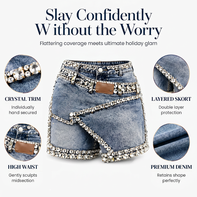 Short-jupe en denim multicouche pour femme, orné de strass Rhinsten