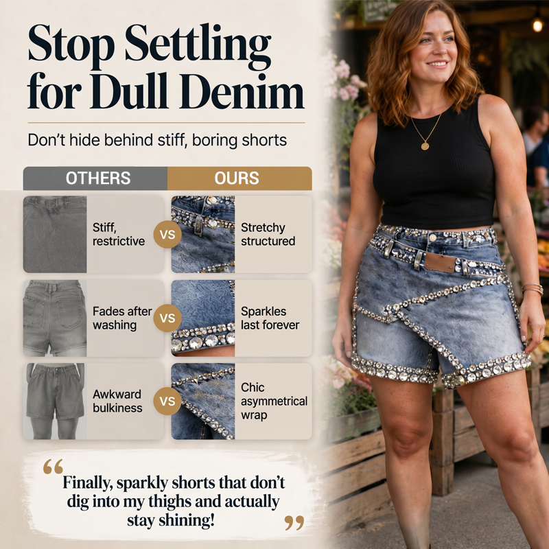 Short-jupe en denim multicouche pour femme, orné de strass Rhinsten