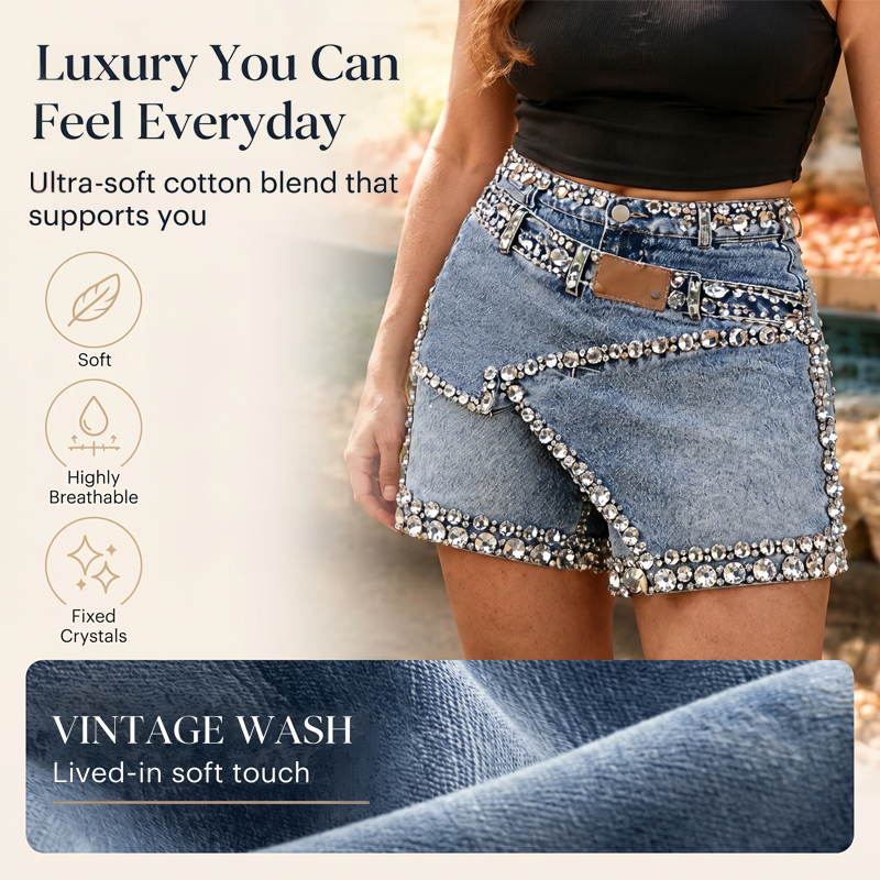 Short-jupe en denim multicouche pour femme, orné de strass Rhinsten