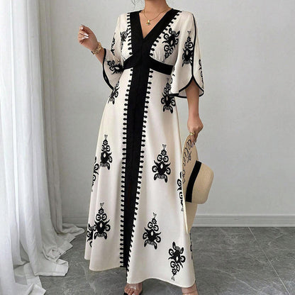 Robe longue élégante à col V imprimée pour femme