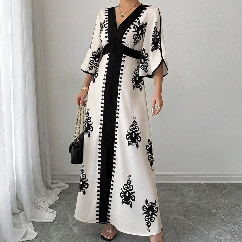 Robe longue élégante à col V imprimée pour femme
