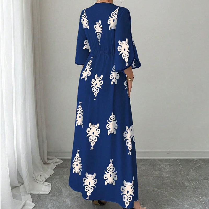 Robe longue élégante à col V imprimée pour femme