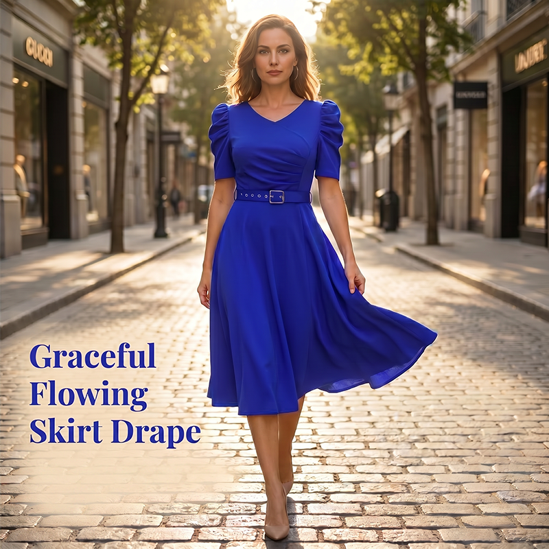 Robe midi élégante à col en V, unie, pour femme