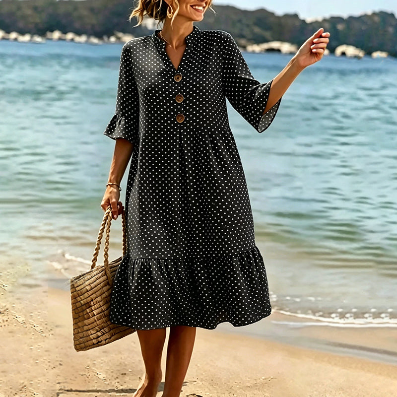 Robe d'été à pois pour femme avec manches à volants – Chic et flatteuse sans effort ✨