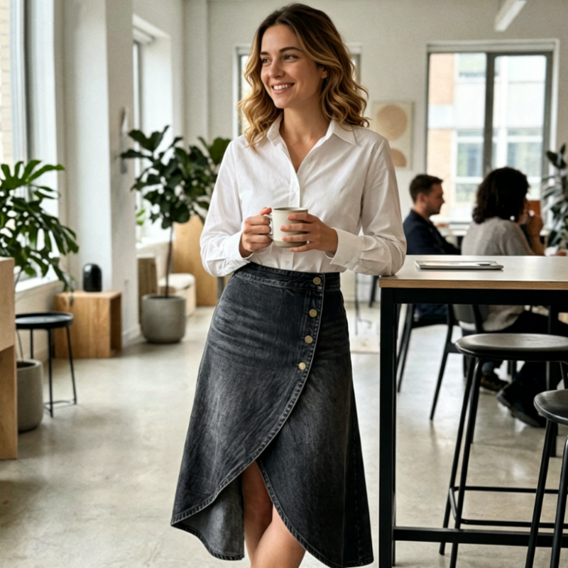 💙🔥Jupe en jean à taille haute et coupe asymétrique pour femme – Un style vintage tout en simplicité