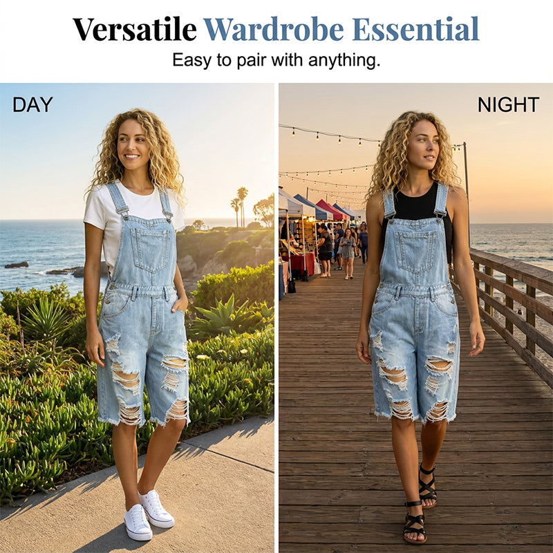 👖 50% DE RÉDUCTION 🌊 Salopette short femme en jean – Bleu clair délavé, détails déchirés & bords effilochés – Coupe décontractée, idéale pour le quotidien urbain ou l’été – look tendance et confortable ✨