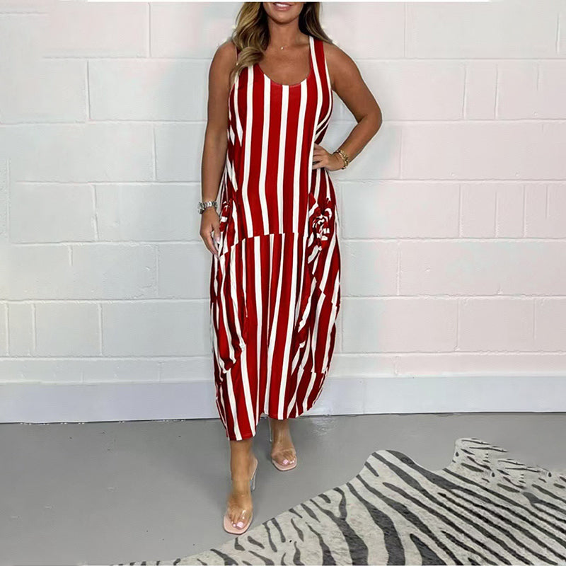 Robe longue sans manches à rayures pour femme