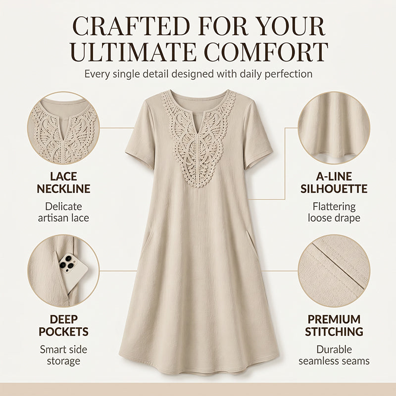 Robe-t-shirt à col en V en dentelle de style bohème pour femme
